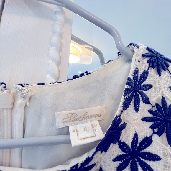 Shoshanna Embroidered Ruffled Dress in Dark Navy and White - Picture 3 of 5